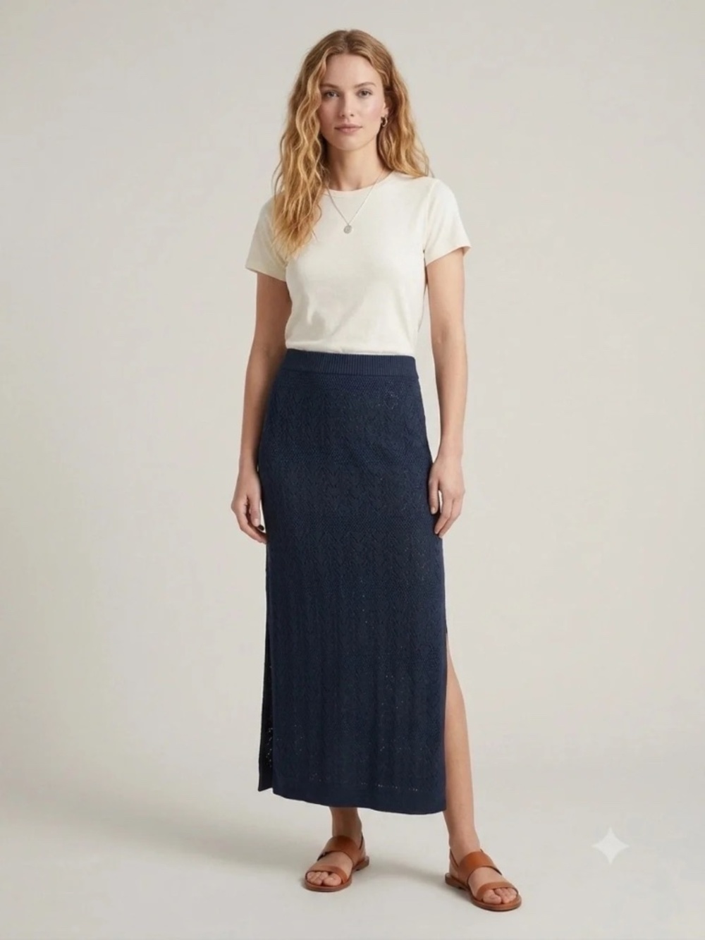 Splendid Pointelle Stitch Cotton Maxi Skirt Navy Blue Sz XL